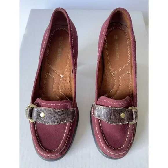 Womens Loafer Shoes Burgundy Suede Pumps Brown Strap Buckle Sz 7 7M - Picture 1 of 13